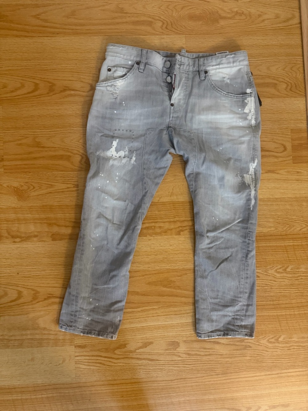DSQUARED2 Light Gray Slim Straight Jeans with Paint-Splatter Detail